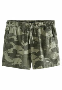 Pantalones cortos de camuflaje verde hechos de una mezcla de algodón, con cinturilla elástica, cordón ajustable, bolsillos laterales y un corte relajado.