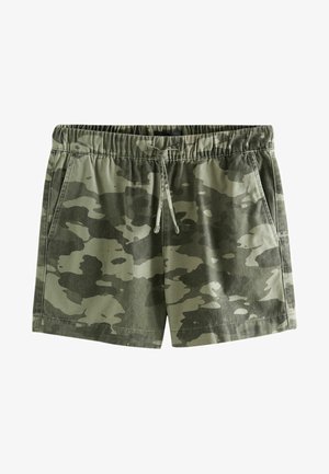 Shorts en camouflage vert en tissu mélangé coton, dotés d'une taille élastique, d'un cordon de serrage, de poches latérales et d'une coupe décontractée.