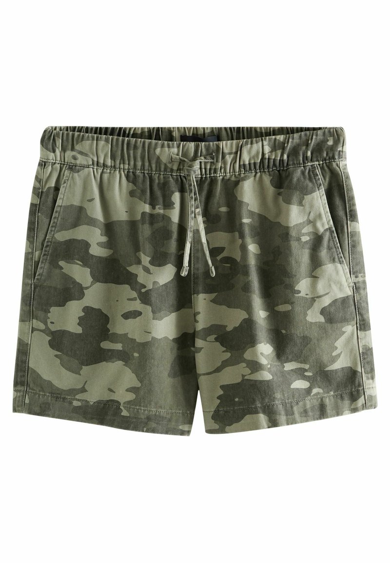 Pantalones cortos de camuflaje verde hechos de una mezcla de algodón, con cinturilla elástica, cordón ajustable, bolsillos laterales y un corte relajado.