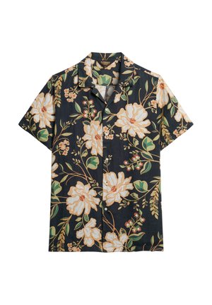 Koszula z krótkim rękawem w ciemnym materiale z dużym białym i jasnopomarańczowym wzorem kwiatowym, zielonymi liśćmi oraz z przodu na guziki.