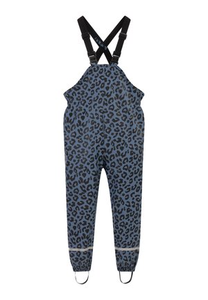 Waterdichte kinderoverall met blauw-zwart luipaardprint, verstelbare zwarte bandjes, elastische enkels en voetbandjes.