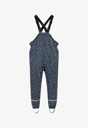 Waterdichte kinderoverall met blauw-zwart luipaardprint, verstelbare zwarte bandjes, elastische enkels en voetbandjes.