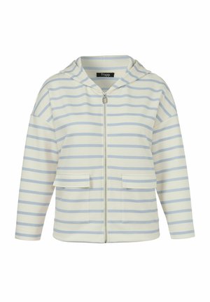 Weißer Zip-Up Hoodie mit hellblauen horizontalen Streifen und zwei vorderen Klappentaschen, mit lockerem Schnitt und angenähter Kapuze.