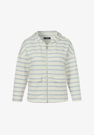 Weißer Zip-Up Hoodie mit hellblauen horizontalen Streifen und zwei vorderen Klappentaschen, mit lockerem Schnitt und angenähter Kapuze.
