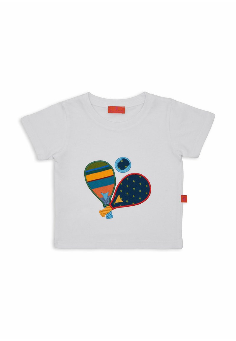 T-shirt bianco a maniche corte con ricamo di palloncini colorati in verde, blu e rosso, con dettagli a pois e righe.
