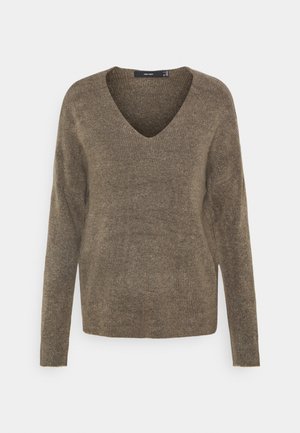 Brauner gestrickter Pullover mit V-Ausschnitt, langen Ärmeln, weichem, strukturiertem Stoff und lockerem Sitz.