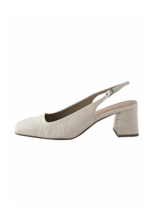 Scarpa slingback in finta pelle bianca con pattern testurizzato a coccodrillo, punta quadrata e tacco medio a blocco, dotata di una fibbia regolabile argentata.
