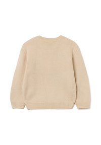 Beige gestrickter Pullover mit langen Ärmeln, geripptem Saum und Bündchen, leichtem Material und Rundhalsausschnitt, mit einem schlichten, nahtlosen Rücken.