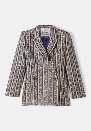 Blazer dengan pola bunga yang memiliki garis biru navy dan emas, dilengkapi dengan kerah notched, kancing double-breasted, dan lengan panjang.