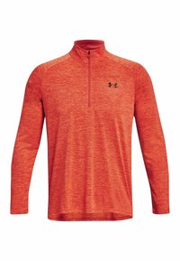 Men's long-sleeve red heathered Under Armour pullover with quarter-zip and black logo on left chest.