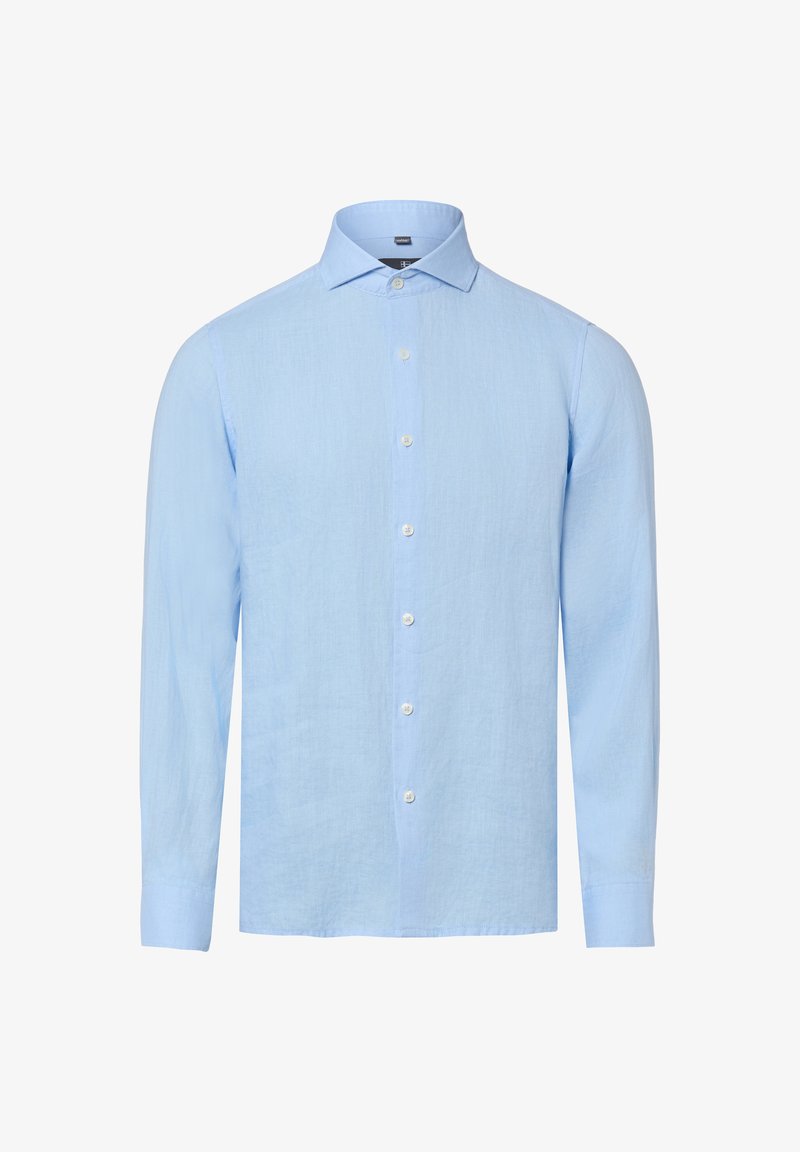 Jasnoniebieska koszula męska z długim rękawem, zapinana na guziki, z kołnierzykiem na guziki, prezentowana na białym tle.