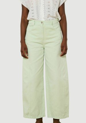 Vrouw draagt lichtgroene broek met hoge taille en wijde pijpen en een witte blouse met korte mouwen, knopen en ajourdetails.