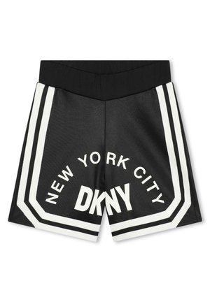 Shorts noirs avec une large ceinture élastique, des accents blancs et un design imprimé portant "NEW YORK CITY" et "DKNY". Les bords rayés ajoutent du détail.