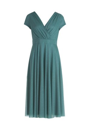 Türkises Kleid mit kurzen Ärmeln, plissiertem Oberteil und ausgestelltem Rock. Hergestellt aus schimmerndem Stoff mit tailliertem Bund und V-Ausschnitt.