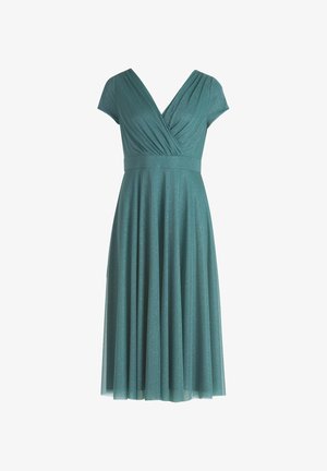 Türkises Kleid mit kurzen Ärmeln, plissiertem Oberteil und ausgestelltem Rock. Hergestellt aus schimmerndem Stoff mit tailliertem Bund und V-Ausschnitt.