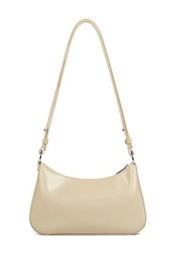 Beige Lederhandtasche mit geschwungener Form, verstellbarem Riemen und glatter Textur. Verfügt über einen Reißverschluss und minimalistische Nahtdetails.
