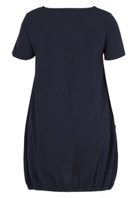 Robe bleu marine foncé à manches courtes, coupe ample et ourlet élastiqué, vue de dos sur fond blanc.