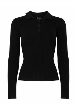 Črna rebrasta polo majica z dolgimi rokavi, s tremi gumbi in oprijetim pasom, prikazana na beli podlagi.