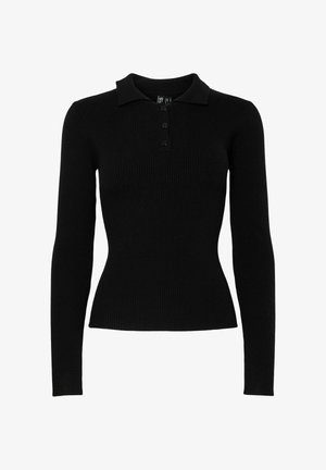 Črna rebrasta polo majica z dolgimi rokavi, s tremi gumbi in oprijetim pasom, prikazana na beli podlagi.