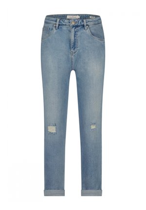 Lichtblauwe denim jeans met een slim fit, voorzien van twee versleten kniestukken, opgerolde pijpen en een klassieke vijf-vakken ontwer.