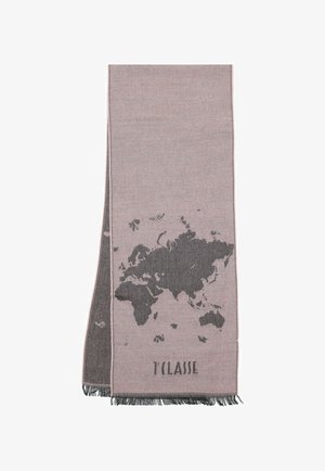 Sciarpa tessuta in rosa tenue con design mappa del mondo in grigio scuro e bordi sfrangiati, con la scritta "T'CLASS" in basso.