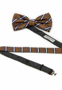 Brun vävd fluga med blå och vita ränder. Utrustad med ett svart justerbart band och en lapp märkt "JOHN HENRIC." Detaljerad textur.