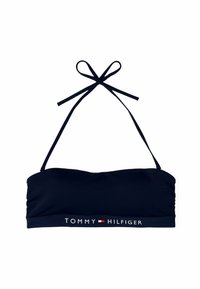 Navy bikini top, bandeau ontwerp met verstelbare bandjes, voorzien van een elastische band aan de onderkant met het "TOMMY HILFIGER" logo in witte tekst.