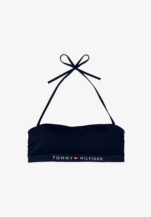 Haut de bikini navy, design bandeau avec bretelles ajustables, featuring un élastique en bas avec le logo "TOMMY HILFIGER" en texte blanc.