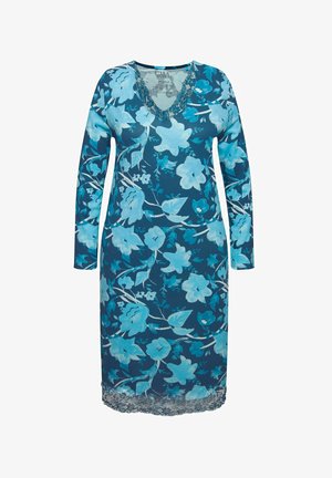 Pitkähihainen tummansininen mekko, jossa on vaaleansinisellä kukkakuviolla, V-kaula-aukko ja pitsireunus helmassa. Pehmeä, kevyt kangas.