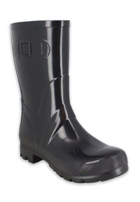 Bottillon en caoutchouc noir avec une finition brillante, hauteur mi-mollet, semelle texturée et design embossé sur le côté latéral. Construction solide.