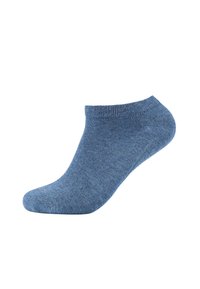 Calzino blu alla caviglia con una texture morbida, bordo a costine e design senza cuciture, caratterizzato da un sottile motivo melange. Progettato per comfort e vestibilità.