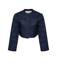 Granatowa, krótka pikowana kurtka zapinana na guziki z przodu, z długimi rękawami oraz metkami Polo Club na kołnierzu i lewym rękawie.