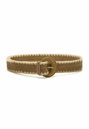 Cintura in tessuto marrone intrecciato con bordi beige cuciti e fibbia rotonda rivestita in tessuto con puntale in metallo.
