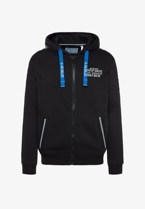 Zwarte rits-hoodie van zachte stof, met blauwe koordjes, zijzakken met witte rand en bedrukte branding op de borst.