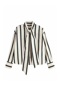 Sort-hvide stribede bluse med lange ærmer, krave og en bånddetalje ved halsen. Har knaplukninger og manchetter med detaljer.