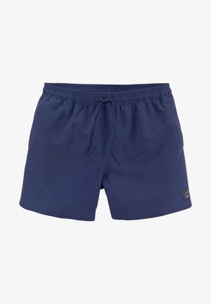 Tumesinised ujumispüksid elastse vöökoha, tõmbluku sulgemise ja küljeetiketiga. Valmistatud kerge ja sileda kangaga, millel on lihtne disain.