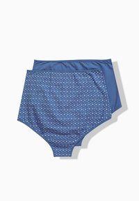 Deux paires de sous-vêtements taille haute pour femmes en bleu ; une à pois blancs, l'autre unie bleue, disposées à plat sur un fond blanc.