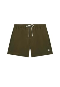Olijfgroene zwembroek met een elastische tailleband en witte trekkoord. Bevat een zijzak en een klein logo op de linker onderkant.
