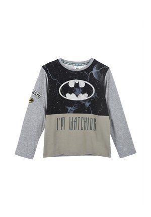 Long-sleeve shirt featuring a black and grey color scheme, Batman logo, and text "I'M WATCHING" on the lower section, made from cotton.