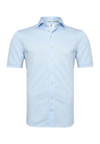 Lichtblauwe short-sleeve shirt van een gladde stof, met een knoopsluiting aan de voorkant en een klassieke kraag, met subtiele stikdetails.