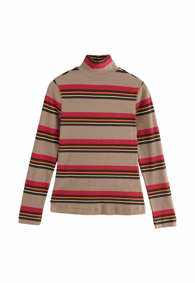 Hosszú ujjú garbó top bordás anyagból, piros, narancs, fekete és bézs vízszintes csíkokkal. Slim fit szabású, magas nyakkal.