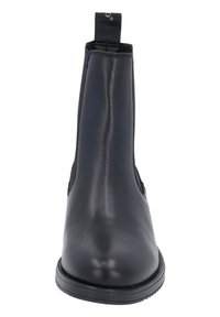 Bottine en cuir noir avec des panneaux latéraux élastiques, une surface lisse, un bout arrondi et une languette à l'arrière pour faciliter l'enfilage.