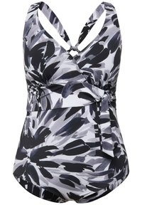 Ett helkroppsbaddräkt i svart, vitt och grått blommönster. Har en omlottdesign med justerbara axelband och en sidoknytdetalj.