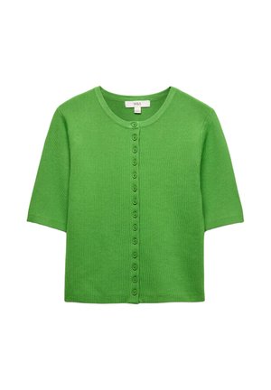 Cardigan verde a maniche corte in maglia con scollo rotondo e chiusura frontale con bottoni, realizzato in tessuto fine, etichettato M&S.