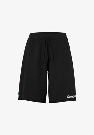 Pantaloni corti neri in cotone con vita regolabile, tasche laterali e logo "Kempes" in bianco sulla parte inferiore della gamba sinistra. Texture morbida, design fino al ginocchio.