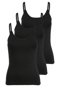 Three black camisoles with thin straps, crafted from stretchy fabric. They feature a seamless design and a fitted shape.
