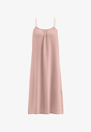 Hellrosa ärmelloses Maxikleid mit dünnen Trägern und einem strukturierten, gekräuselten Stoffdesign.