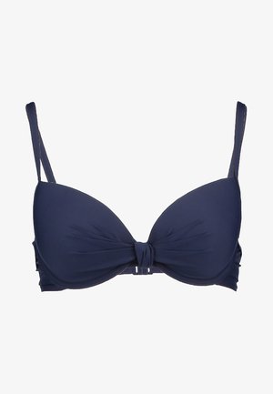 Tamsiai mėlynas bikini viršus su putlinančiomis kaušeliais, susuktos priekinės mazgo detalė, reguliuojamos petnešėlės ir nugarinė sagtis. Jaukus audinio paviršius.