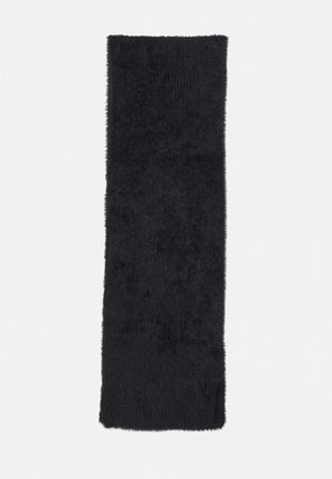 Black long fuzzy knit scarf with soft texture, laid flat on a white background.