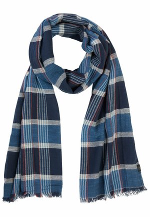 Navy plaid scarf with alternating light blue and white stripes. Made from a soft fabric with frayed edges. Red accents interspersed.